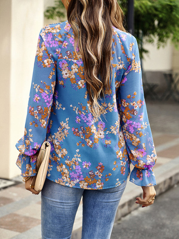 Giovanna Elegant Commuter Plant Print Stitching Ruffled Shirt