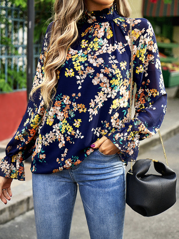 Giovanna Elegant Commuter Plant Print Stitching Ruffled Shirt