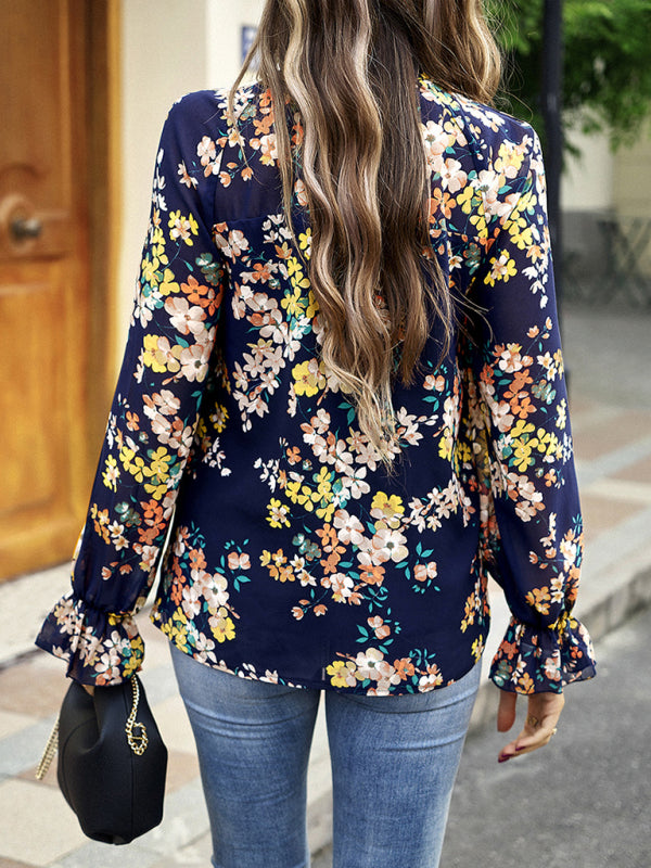 Giovanna Elegant Commuter Plant Print Stitching Ruffled Shirt