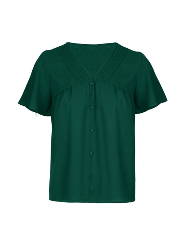 Geneva New Fashion Ladies Solid Color Pleated Shirt