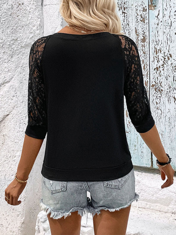 Dayna New Casual Elegant Lace Stitching Black Women's Top