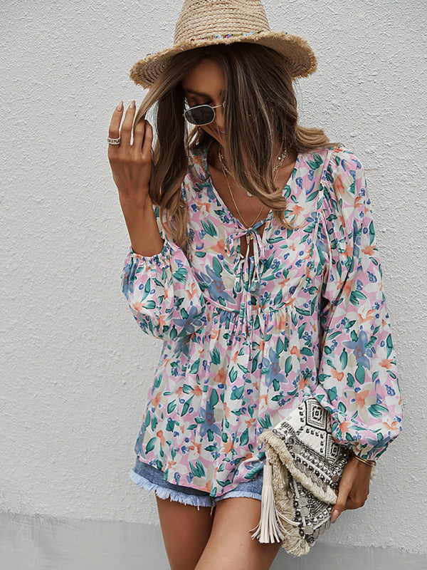 Janae New Style Casual Holiday Style Floral Long-Sleeved Tie Shirt Top