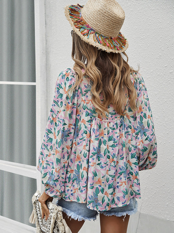 Janae New Style Casual Holiday Style Floral Long-Sleeved Tie Shirt Top
