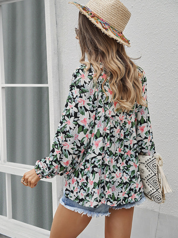 Janae New Style Casual Holiday Style Floral Long-Sleeved Tie Shirt Top