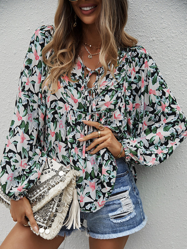Janae New Style Casual Holiday Style Floral Long-Sleeved Tie Shirt Top
