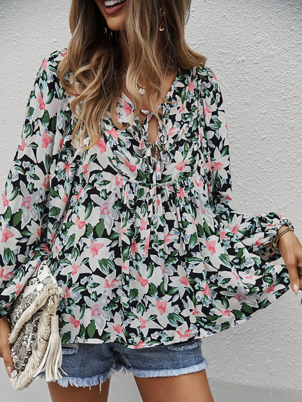 Janae New Style Casual Holiday Style Floral Long-Sleeved Tie Shirt Top