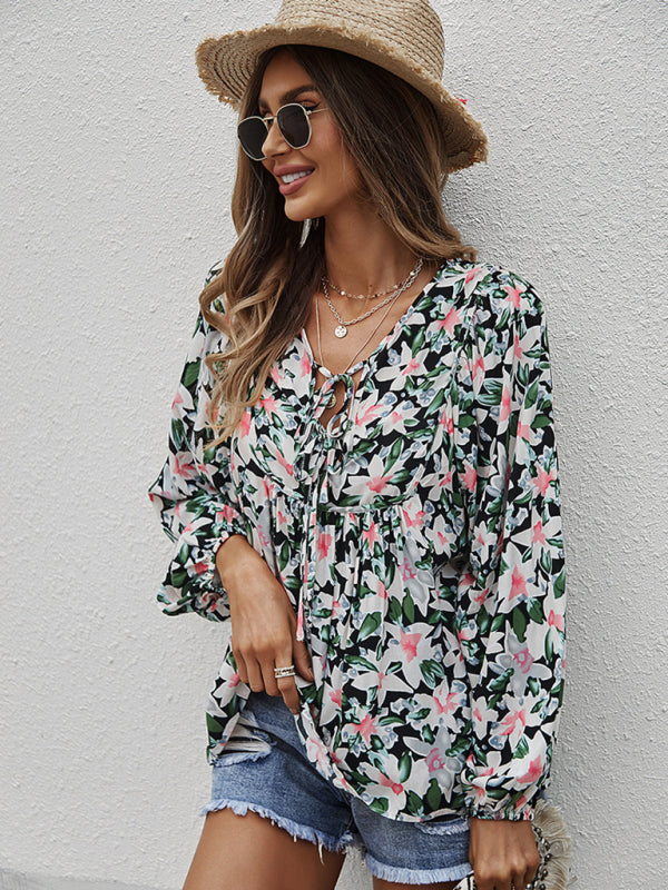 Janae New Style Casual Holiday Style Floral Long-Sleeved Tie Shirt Top