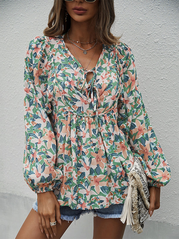 Janae New Style Casual Holiday Style Floral Long-Sleeved Tie Shirt Top