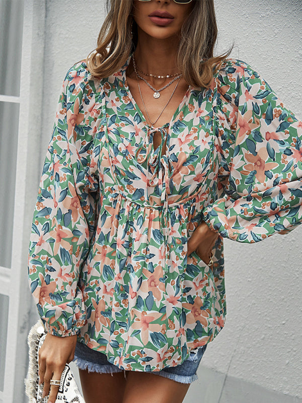 Janae New Style Casual Holiday Style Floral Long-Sleeved Tie Shirt Top