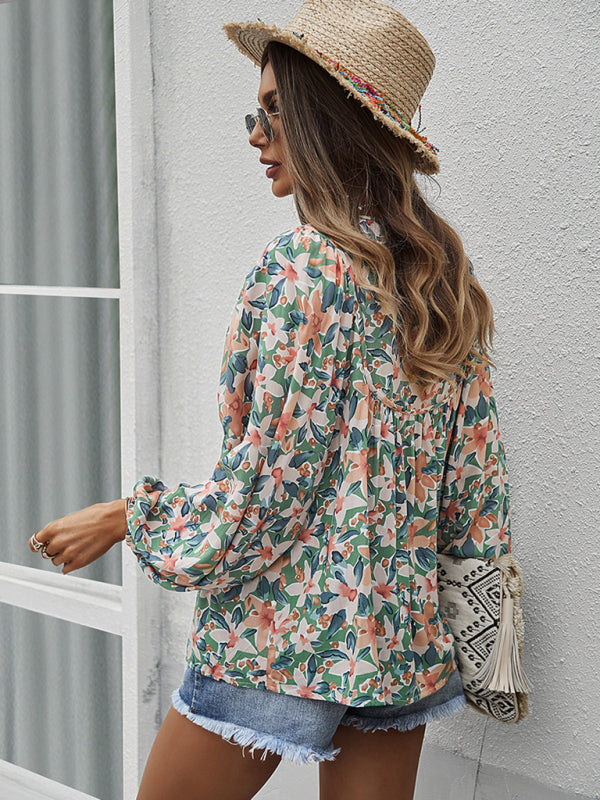 Janae New Style Casual Holiday Style Floral Long-Sleeved Tie Shirt Top