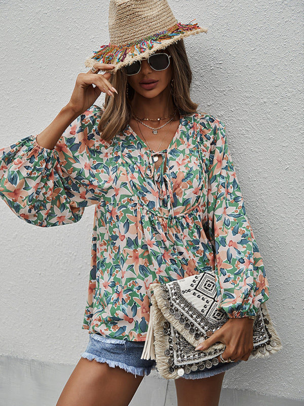 Janae New Style Casual Holiday Style Floral Long-Sleeved Tie Shirt Top