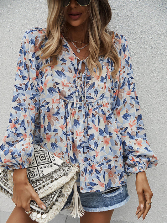 Janae New Style Casual Holiday Style Floral Long-Sleeved Tie Shirt Top