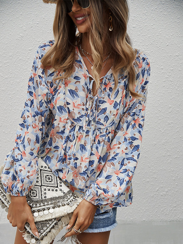 Janae New Style Casual Holiday Style Floral Long-Sleeved Tie Shirt Top