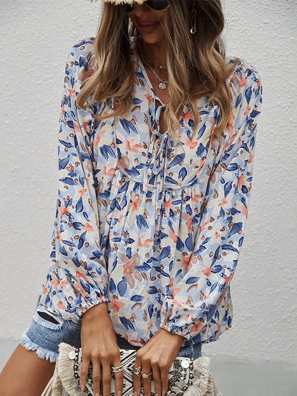 Janae New Style Casual Holiday Style Floral Long-Sleeved Tie Shirt Top