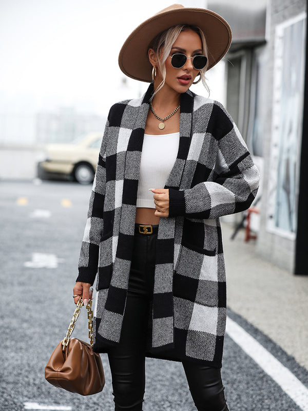 Angelique Women's Coat Loose Plaid Color Block Knit Cardigan Fashion Sweater