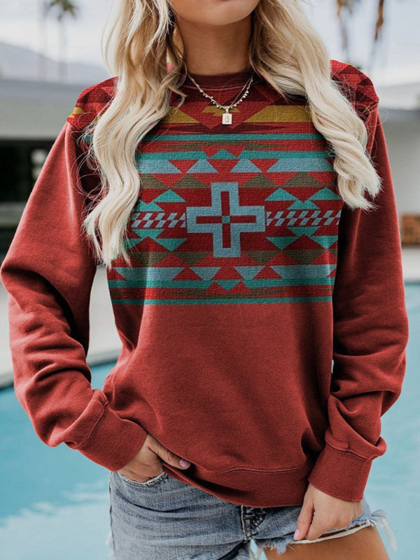 Raegen Long Sleeve Crewneck Western Print Sweatshirt