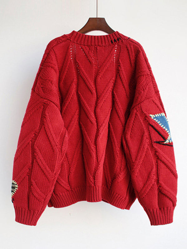 Angie Cute Embroidered Loose Cropped Knit Cardigan With Patch Pockets