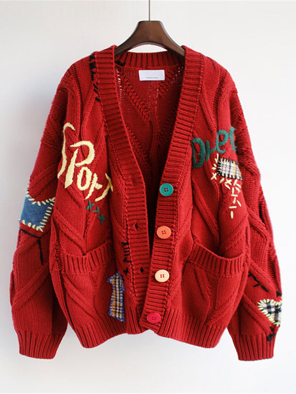 Angie Cute Embroidered Loose Cropped Knit Cardigan With Patch Pockets