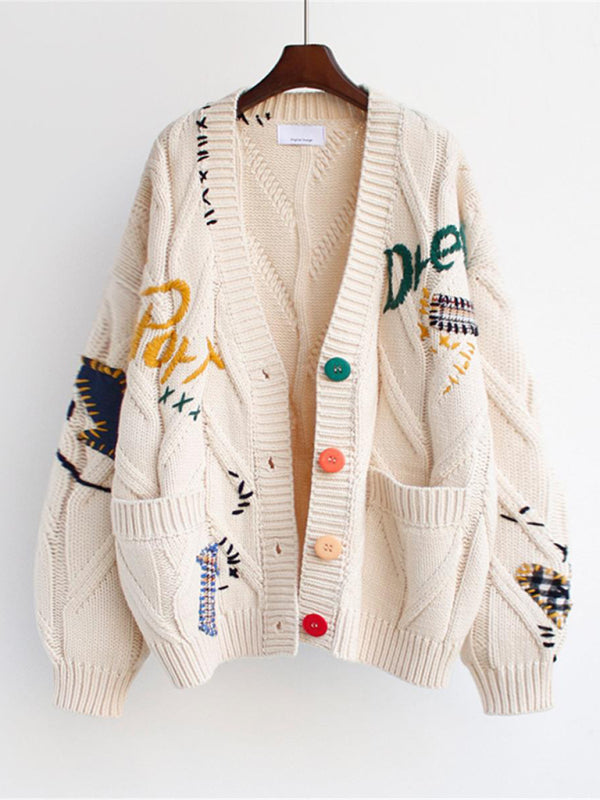 Angie Cute Embroidered Loose Cropped Knit Cardigan With Patch Pockets