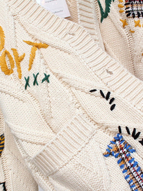 Angie Cute Embroidered Loose Cropped Knit Cardigan With Patch Pockets