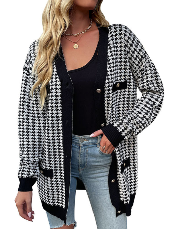 Christie Women's Fashion Coat Long Sleeve Houndstooth Sweater Cardigan Mid Length