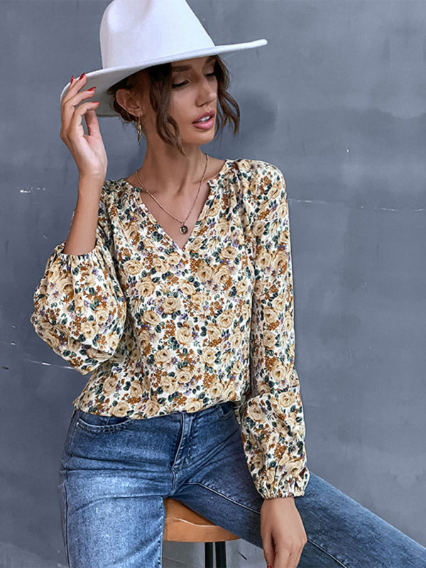 Jubilee New Holiday Fashion Women's Loose V-Neck Long-Sleeved Floral Shirt