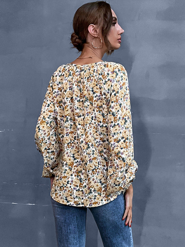 Jubilee New Holiday Fashion Women's Loose V-Neck Long-Sleeved Floral Shirt