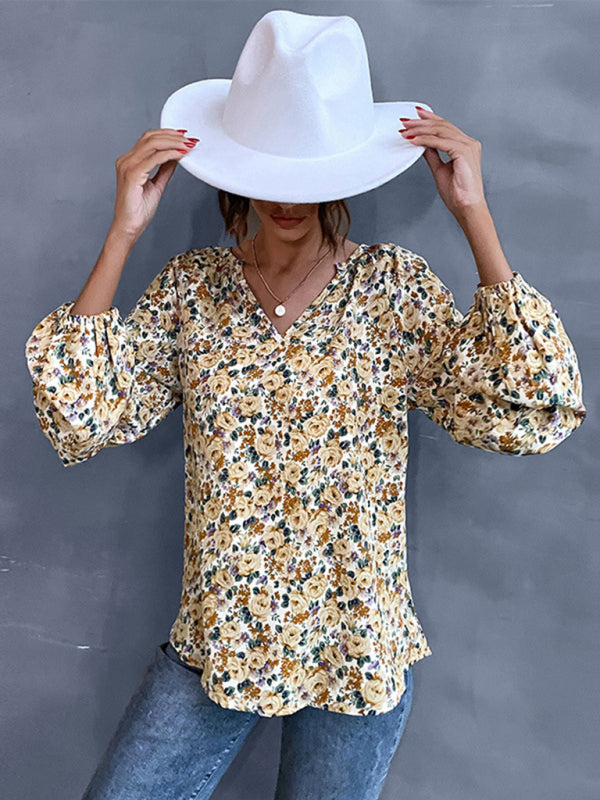 Jubilee New Holiday Fashion Women's Loose V-Neck Long-Sleeved Floral Shirt