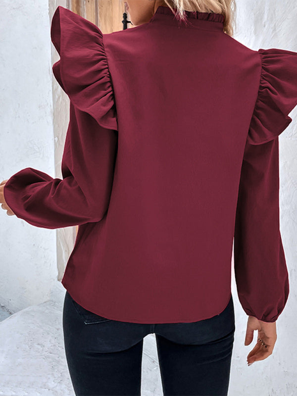 Lisandra Women's New Red V-Neck Long Sleeve Solid Color Shirt Top