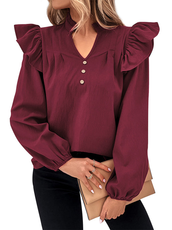 Lisandra Women's New Red V-Neck Long Sleeve Solid Color Shirt Top