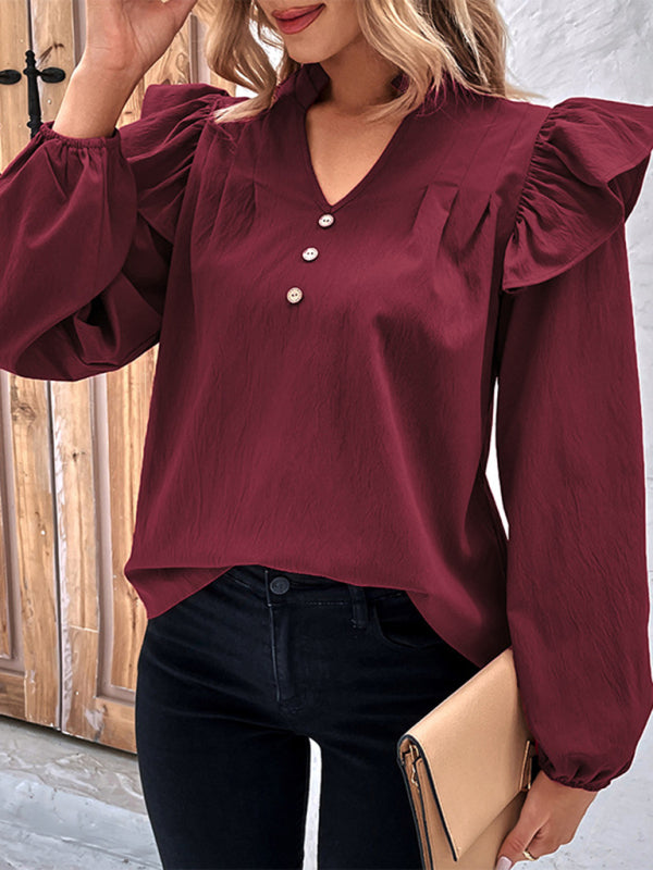 Lisandra Women's New Red V-Neck Long Sleeve Solid Color Shirt Top