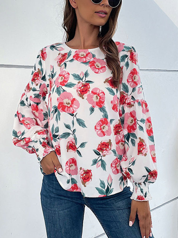 Liora Women's New Round Neck Long Sleeve Floral Shirt Top