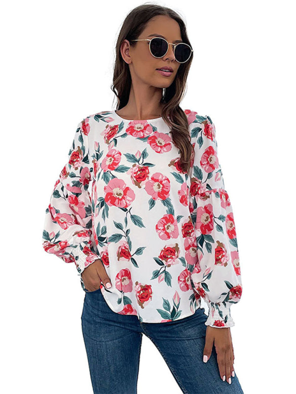 Liora Women's New Round Neck Long Sleeve Floral Shirt Top