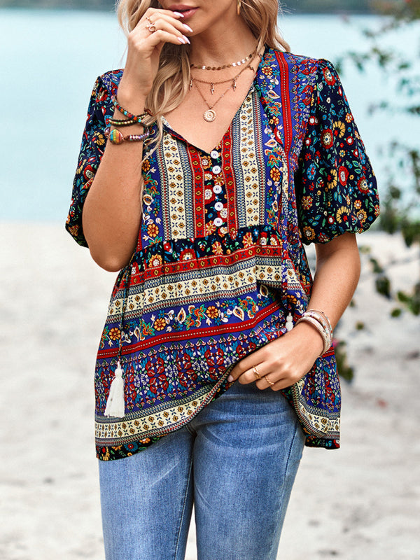Destinee Delfina Bohemian Print Button Up Women's Blouse