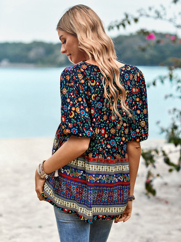 Destinee Delfina Bohemian Print Button Up Women's Blouse