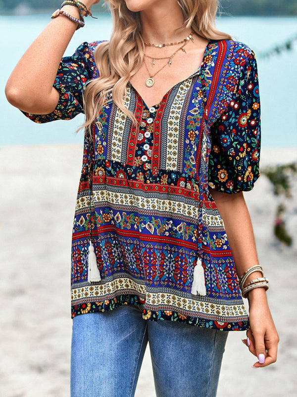 Destinee Delfina Bohemian Print Button Up Women's Blouse