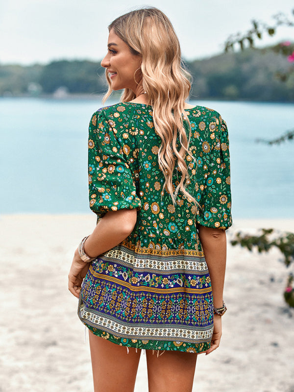Destinee Delfina Bohemian Print Button Up Women's Blouse