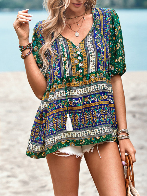 Destinee Delfina Bohemian Print Button Up Women's Blouse