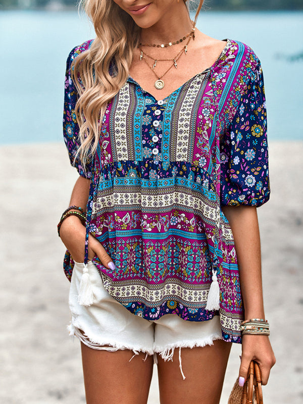 Destinee Delfina Bohemian Print Button Up Women's Blouse