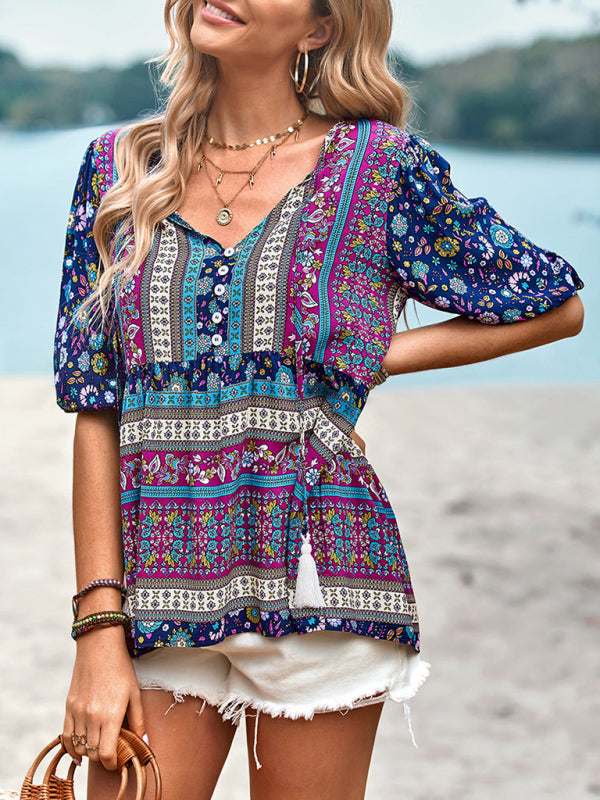Destinee Delfina Bohemian Print Button Up Women's Blouse