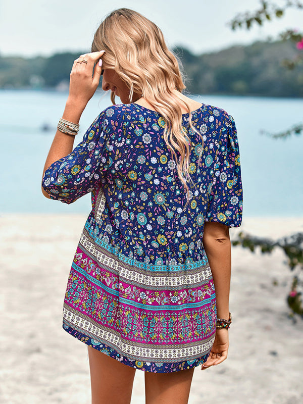 Destinee Delfina Bohemian Print Button Up Women's Blouse