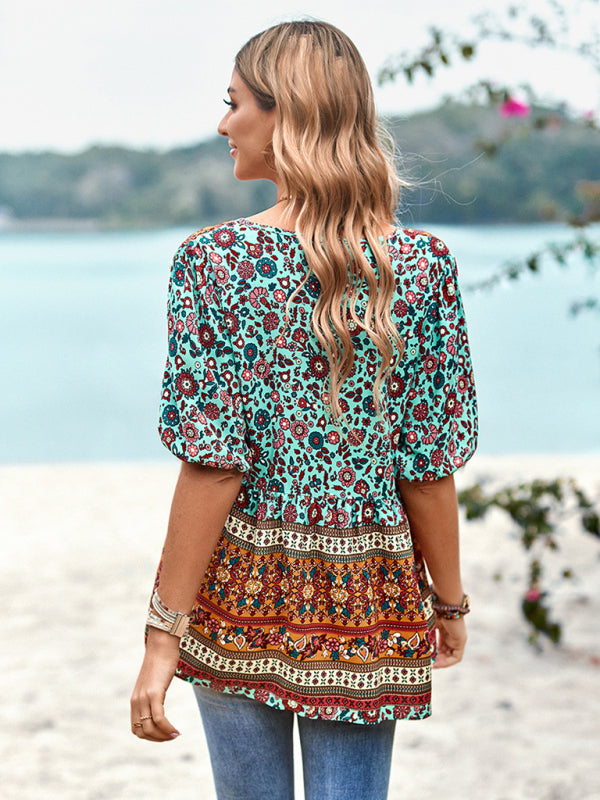 Destinee Delfina Bohemian Print Button Up Women's Blouse