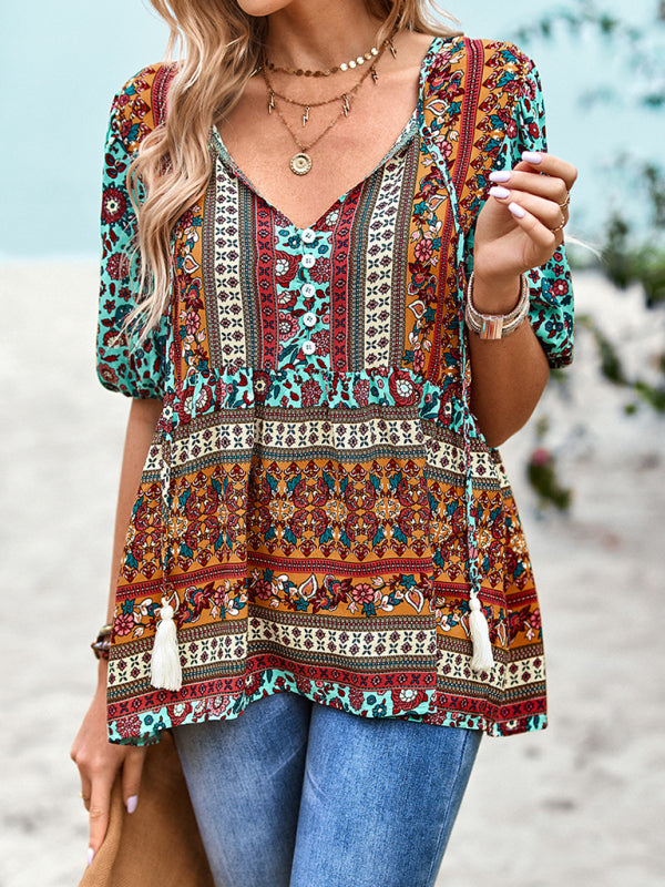 Destinee Delfina Bohemian Print Button Up Women's Blouse