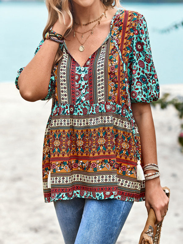 Destinee Delfina Bohemian Print Button Up Women's Blouse