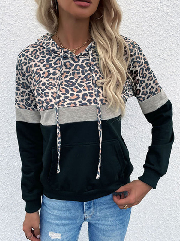 Kalani Women's Hooded Pocket Drawstring Paneled Leopard Sweatshirt