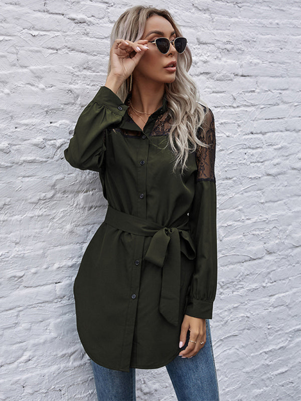 Kaileigh Long Round Neck, Long Sleeves And Waisted Black Patchwork Lace Shirt