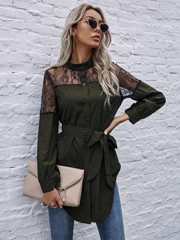 Kaileigh Long Round Neck, Long Sleeves And Waisted Black Patchwork Lace Shirt