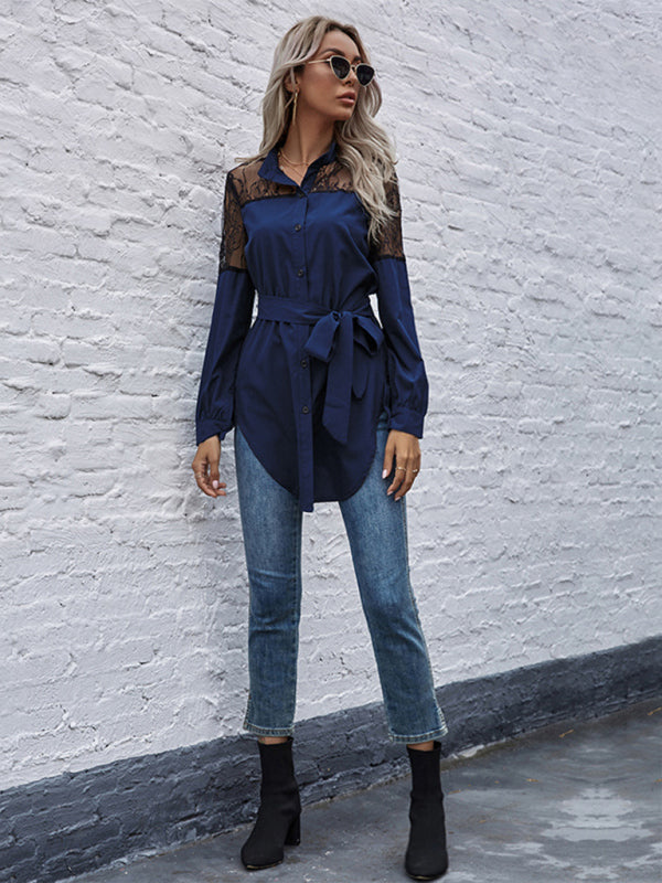 Kaileigh Long Round Neck, Long Sleeves And Waisted Black Patchwork Lace Shirt
