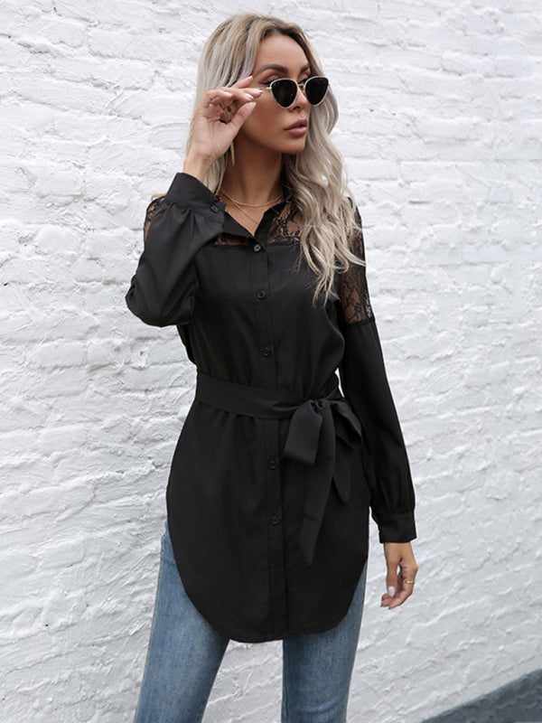 Kaileigh Long Round Neck, Long Sleeves And Waisted Black Patchwork Lace Shirt