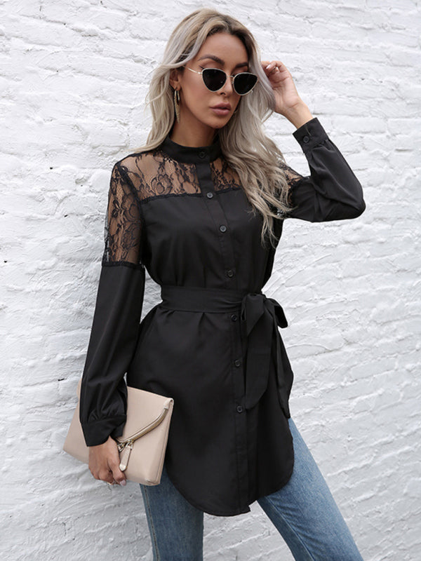 Kaileigh Long Round Neck, Long Sleeves And Waisted Black Patchwork Lace Shirt